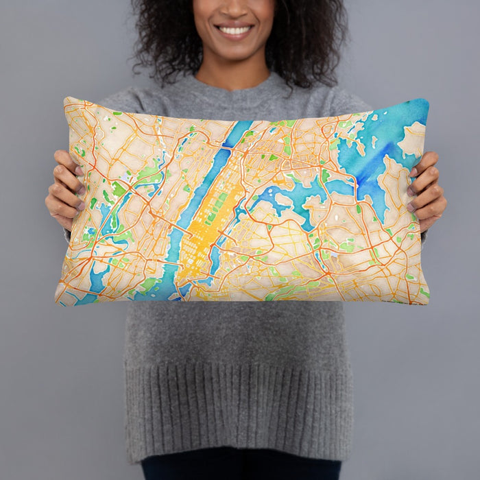 Person holding 20x12 Custom New York New York Map Throw Pillow in Watercolor