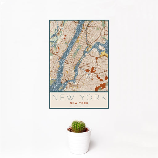 12x18 New York New York Map Print Portrait Orientation in Woodblock Style With Small Cactus Plant in White Planter