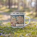 Right View Custom New York New York Map Enamel Mug in Woodblock on Grass With Trees in Background
