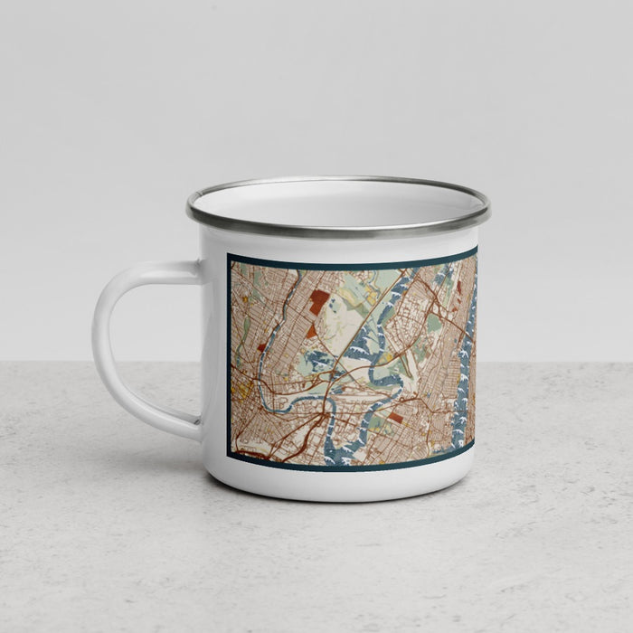 Left View Custom New York New York Map Enamel Mug in Woodblock