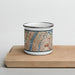 Front View Custom New York New York Map Enamel Mug in Woodblock on Cutting Board