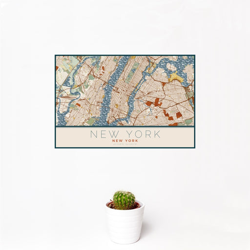 12x18 New York New York Map Print Landscape Orientation in Woodblock Style With Small Cactus Plant in White Planter