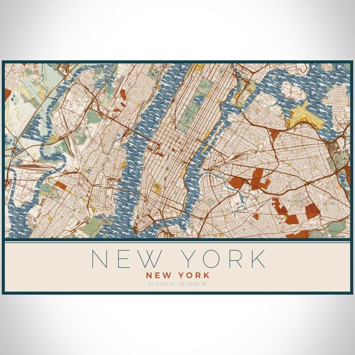 New York New York Map Print Landscape Orientation in Woodblock Style With Shaded Background