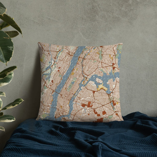 Custom New York New York Map Throw Pillow in Woodblock on Bedding Against Wall