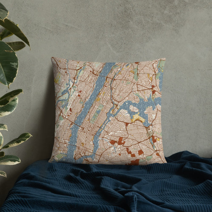 Custom New York New York Map Throw Pillow in Woodblock on Bedding Against Wall