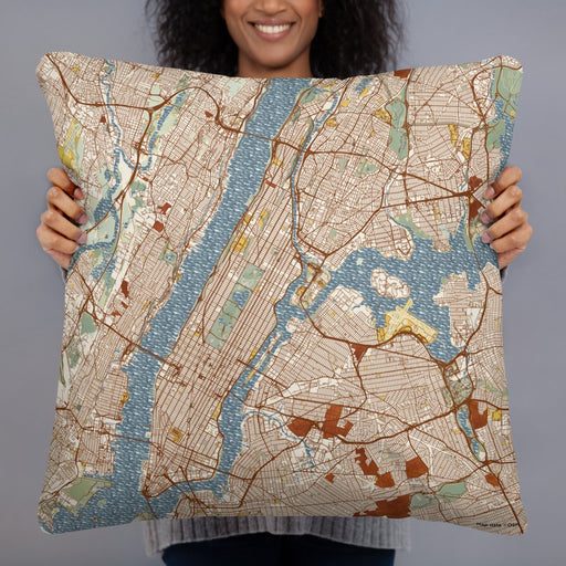 Person holding 22x22 Custom New York New York Map Throw Pillow in Woodblock