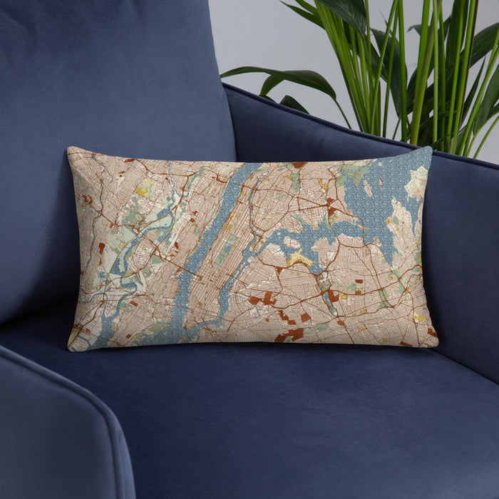 Custom New York New York Map Throw Pillow in Woodblock on Blue Colored Chair