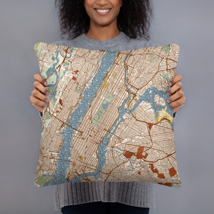 Person holding 18x18 Custom New York New York Map Throw Pillow in Woodblock