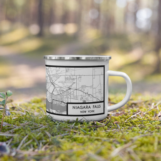 Right View Custom Niagara Falls New York Map Enamel Mug in Classic on Grass With Trees in Background