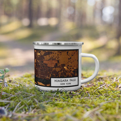 Right View Custom Niagara Falls New York Map Enamel Mug in Ember on Grass With Trees in Background