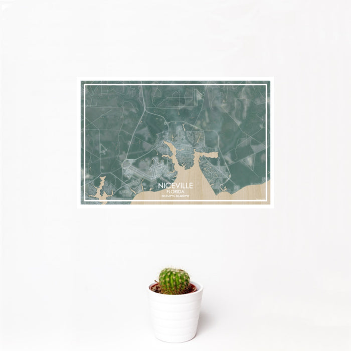 12x18 Niceville Florida Map Print Landscape Orientation in Afternoon Style With Small Cactus Plant in White Planter