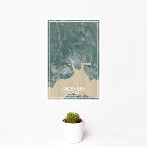 12x18 Niceville Florida Map Print Portrait Orientation in Afternoon Style With Small Cactus Plant in White Planter