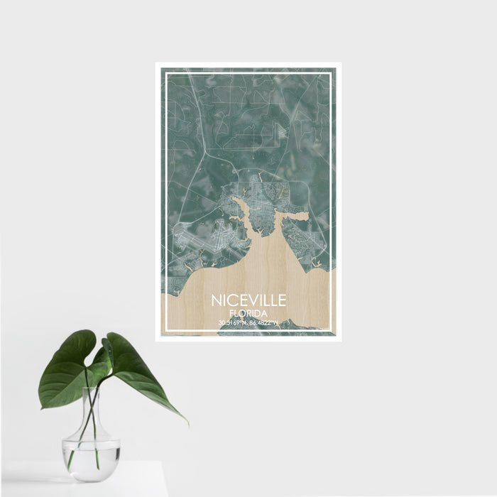 16x24 Niceville Florida Map Print Portrait Orientation in Afternoon Style With Tropical Plant Leaves in Water