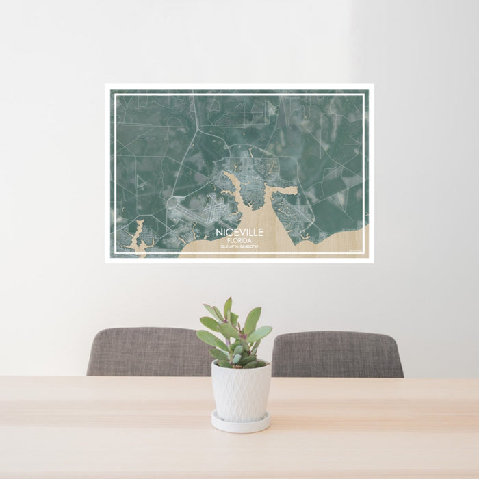 24x36 Niceville Florida Map Print Lanscape Orientation in Afternoon Style Behind 2 Chairs Table and Potted Plant
