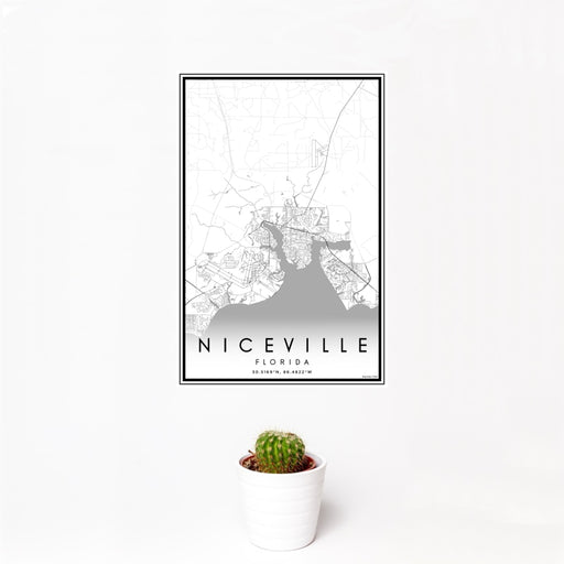 12x18 Niceville Florida Map Print Portrait Orientation in Classic Style With Small Cactus Plant in White Planter