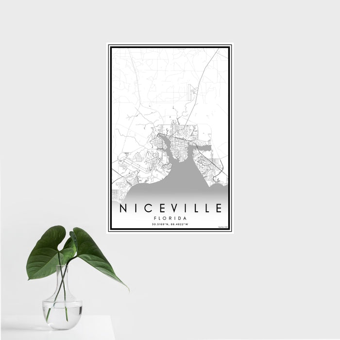 16x24 Niceville Florida Map Print Portrait Orientation in Classic Style With Tropical Plant Leaves in Water