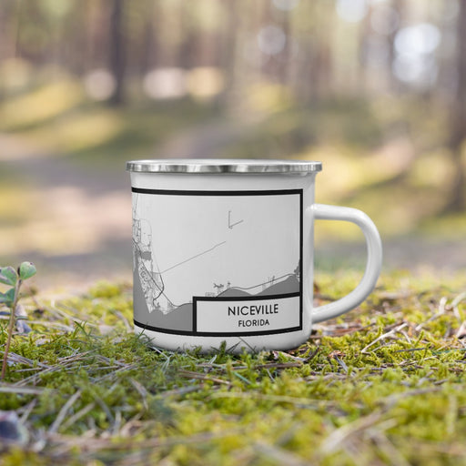 Right View Custom Niceville Florida Map Enamel Mug in Classic on Grass With Trees in Background