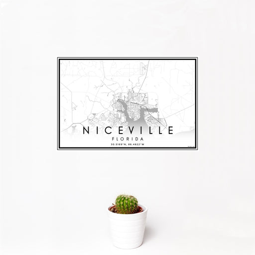 12x18 Niceville Florida Map Print Landscape Orientation in Classic Style With Small Cactus Plant in White Planter
