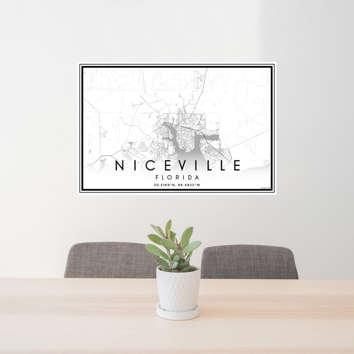 24x36 Niceville Florida Map Print Landscape Orientation in Classic Style Behind 2 Chairs Table and Potted Plant