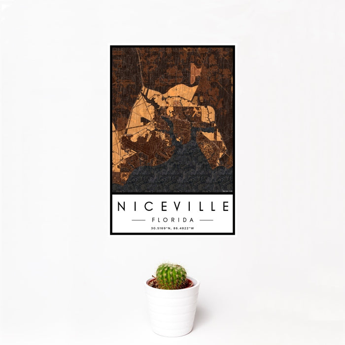 12x18 Niceville Florida Map Print Portrait Orientation in Ember Style With Small Cactus Plant in White Planter