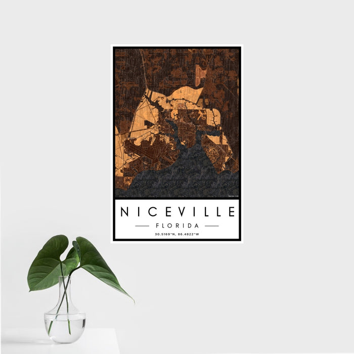 16x24 Niceville Florida Map Print Portrait Orientation in Ember Style With Tropical Plant Leaves in Water