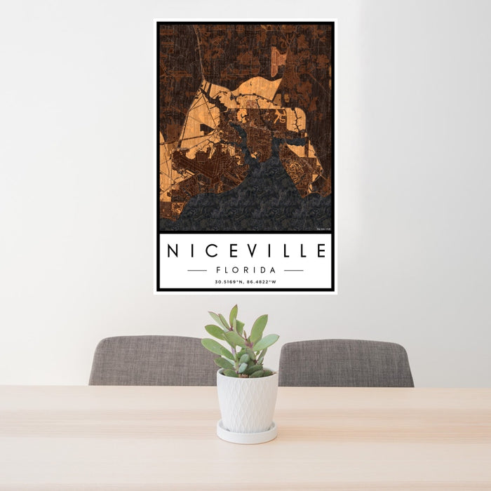 24x36 Niceville Florida Map Print Portrait Orientation in Ember Style Behind 2 Chairs Table and Potted Plant