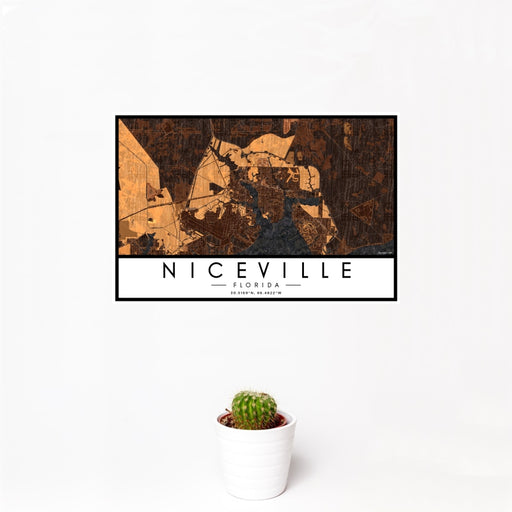 12x18 Niceville Florida Map Print Landscape Orientation in Ember Style With Small Cactus Plant in White Planter