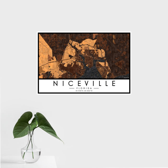 16x24 Niceville Florida Map Print Landscape Orientation in Ember Style With Tropical Plant Leaves in Water