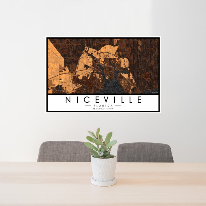 24x36 Niceville Florida Map Print Landscape Orientation in Ember Style Behind 2 Chairs Table and Potted Plant
