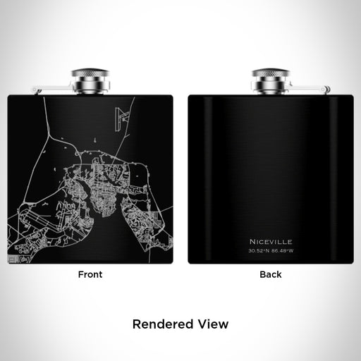 Rendered View of Niceville Florida Map Engraving on 6oz Stainless Steel Flask in Black