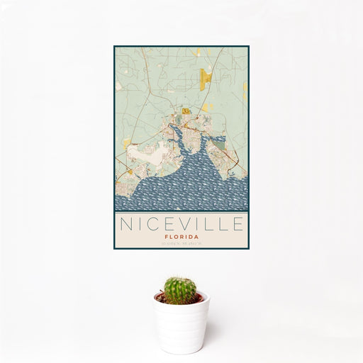 12x18 Niceville Florida Map Print Portrait Orientation in Woodblock Style With Small Cactus Plant in White Planter