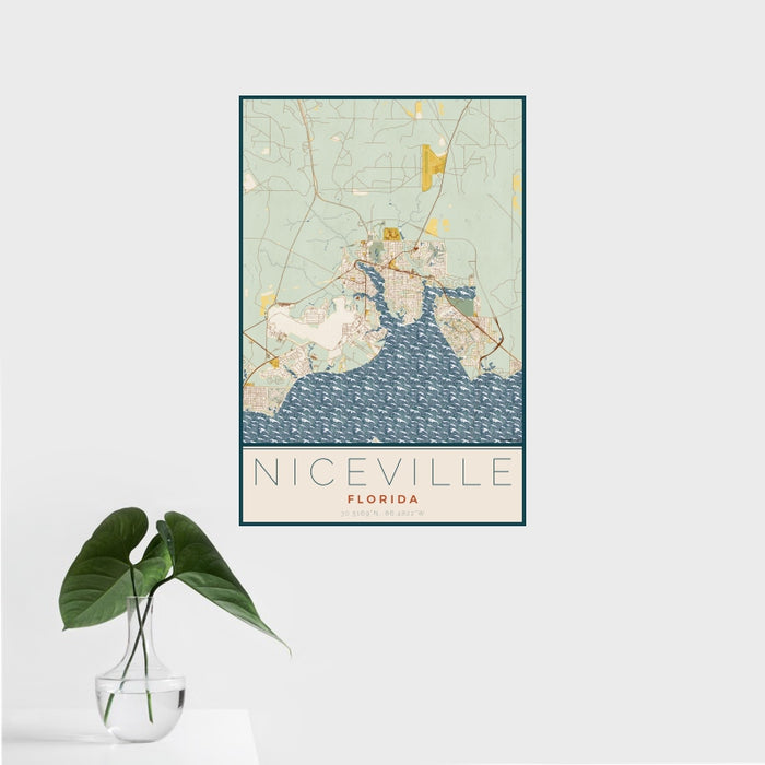16x24 Niceville Florida Map Print Portrait Orientation in Woodblock Style With Tropical Plant Leaves in Water