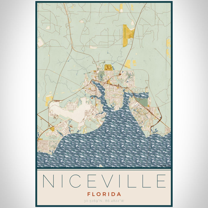 Niceville Florida Map Print Portrait Orientation in Woodblock Style With Shaded Background