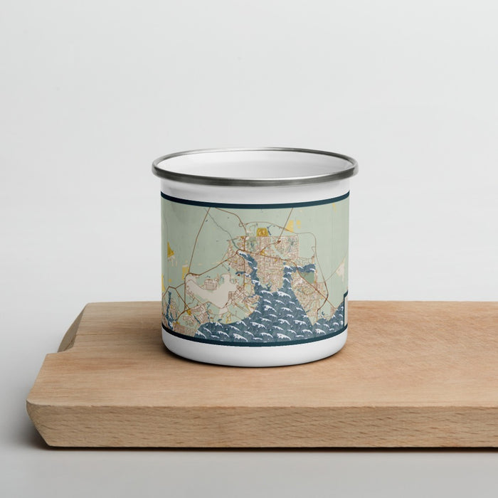 Front View Custom Niceville Florida Map Enamel Mug in Woodblock on Cutting Board