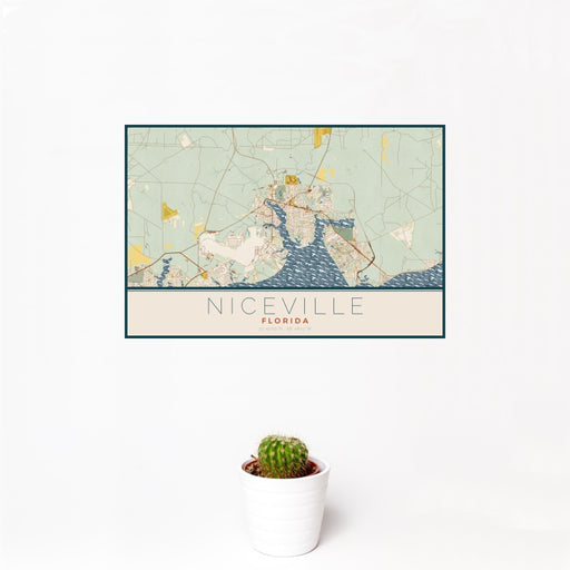 12x18 Niceville Florida Map Print Landscape Orientation in Woodblock Style With Small Cactus Plant in White Planter