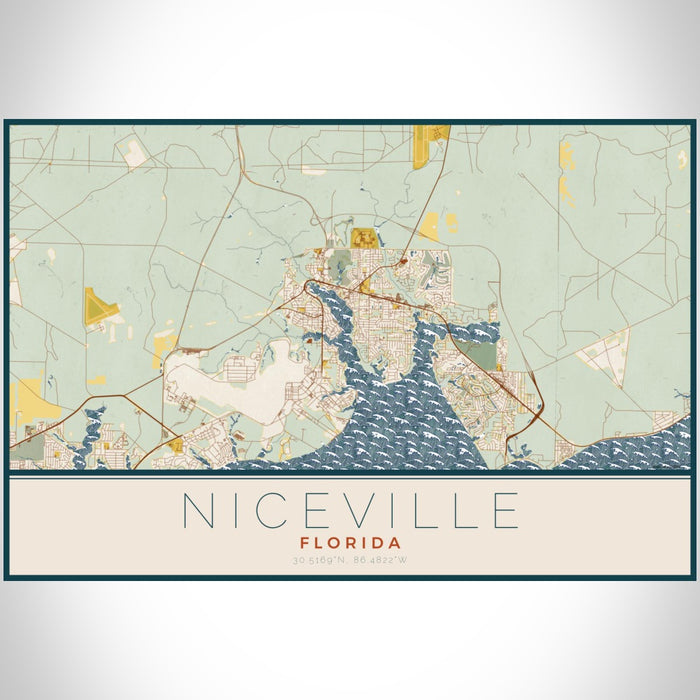 Niceville Florida Map Print Landscape Orientation in Woodblock Style With Shaded Background