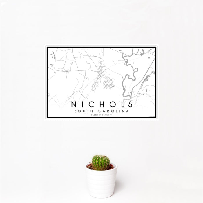 12x18 Nichols South Carolina Map Print Landscape Orientation in Classic Style With Small Cactus Plant in White Planter