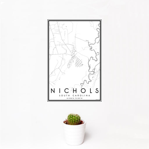 12x18 Nichols South Carolina Map Print Portrait Orientation in Classic Style With Small Cactus Plant in White Planter