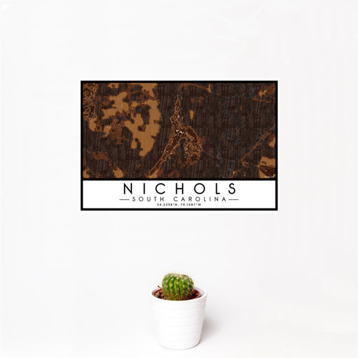 12x18 Nichols South Carolina Map Print Landscape Orientation in Ember Style With Small Cactus Plant in White Planter