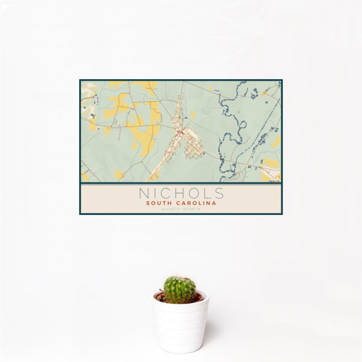 12x18 Nichols South Carolina Map Print Landscape Orientation in Woodblock Style With Small Cactus Plant in White Planter