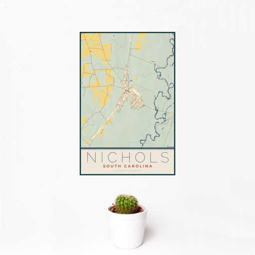 12x18 Nichols South Carolina Map Print Portrait Orientation in Woodblock Style With Small Cactus Plant in White Planter