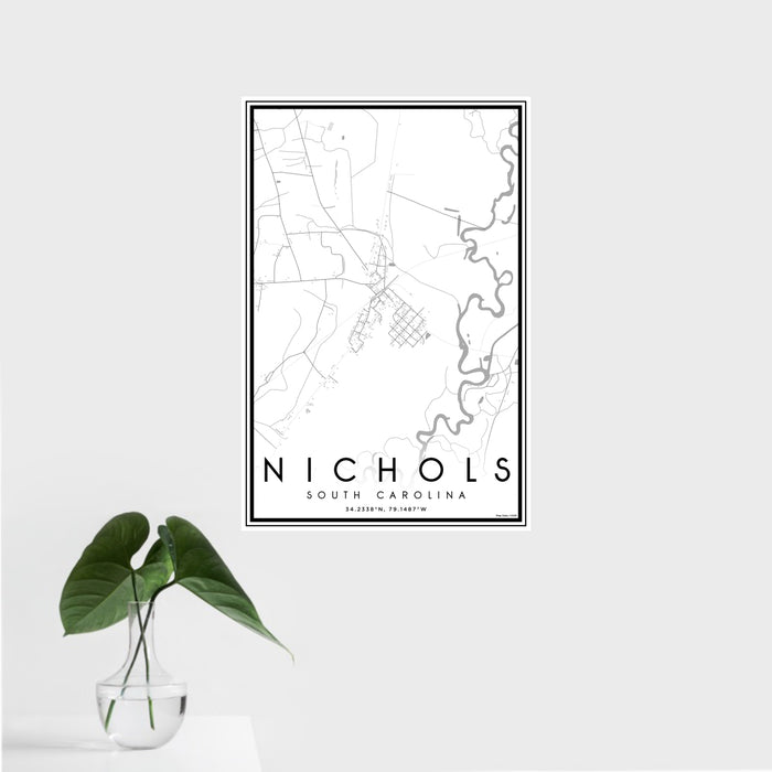 16x24 Nichols South Carolina Map Print Portrait Orientation in Classic Style With Tropical Plant Leaves in Water