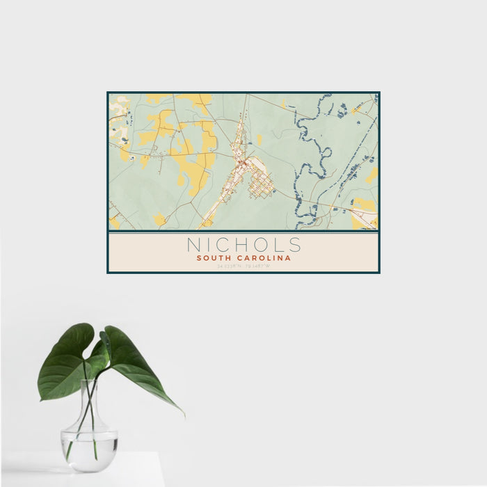 16x24 Nichols South Carolina Map Print Landscape Orientation in Woodblock Style With Tropical Plant Leaves in Water