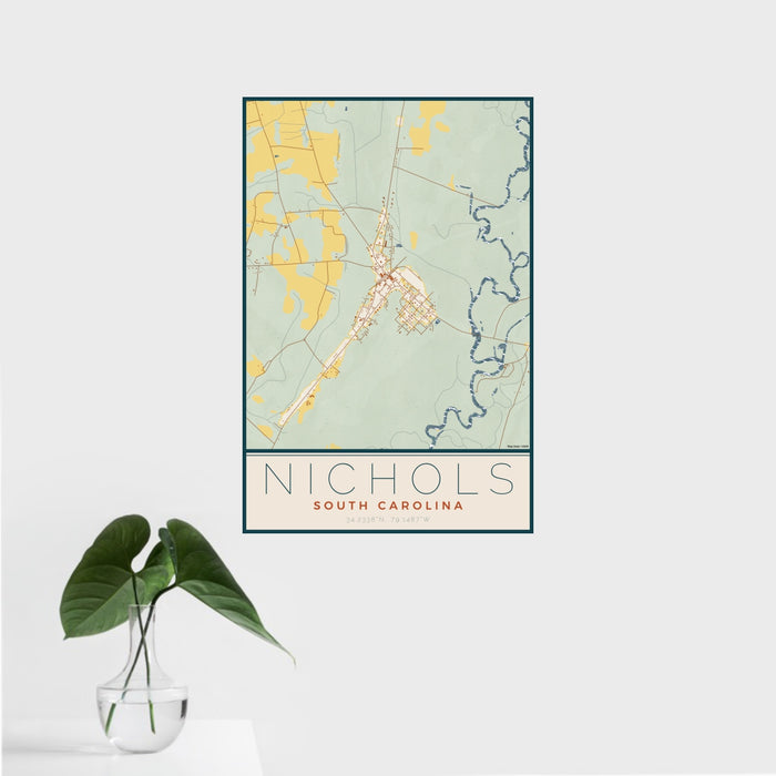 16x24 Nichols South Carolina Map Print Portrait Orientation in Woodblock Style With Tropical Plant Leaves in Water