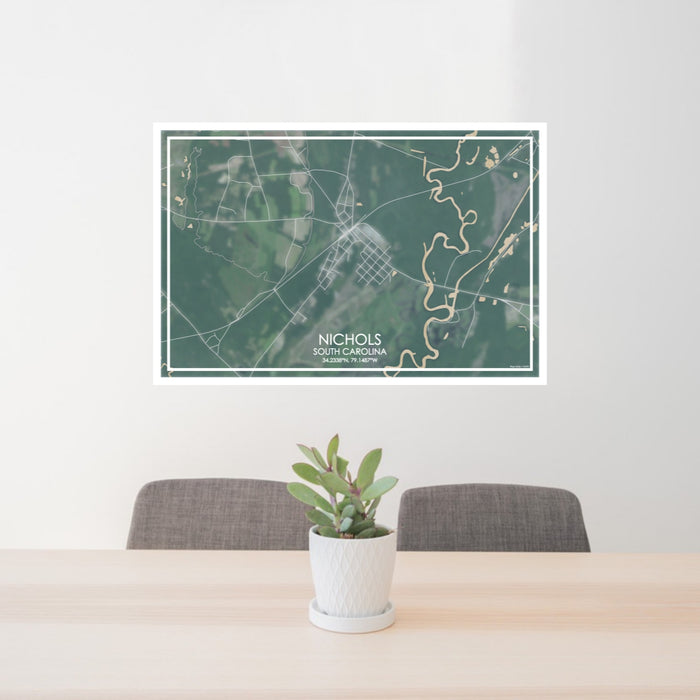 24x36 Nichols South Carolina Map Print Lanscape Orientation in Afternoon Style Behind 2 Chairs Table and Potted Plant