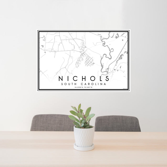 24x36 Nichols South Carolina Map Print Lanscape Orientation in Classic Style Behind 2 Chairs Table and Potted Plant