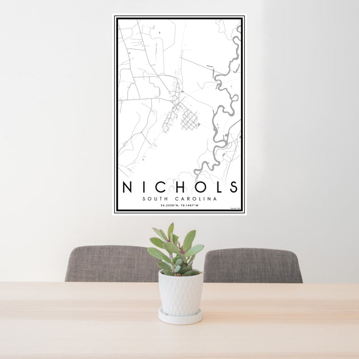 24x36 Nichols South Carolina Map Print Portrait Orientation in Classic Style Behind 2 Chairs Table and Potted Plant