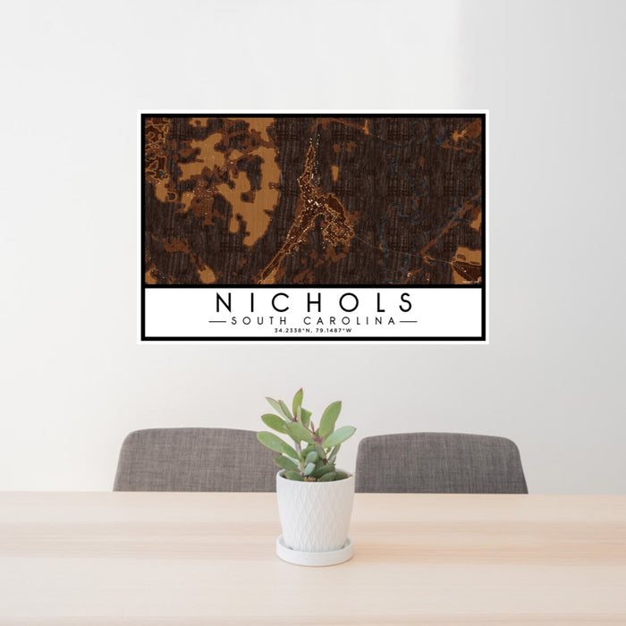 24x36 Nichols South Carolina Map Print Lanscape Orientation in Ember Style Behind 2 Chairs Table and Potted Plant