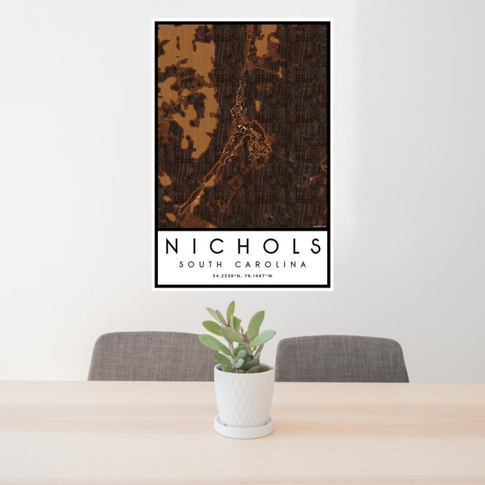 24x36 Nichols South Carolina Map Print Portrait Orientation in Ember Style Behind 2 Chairs Table and Potted Plant