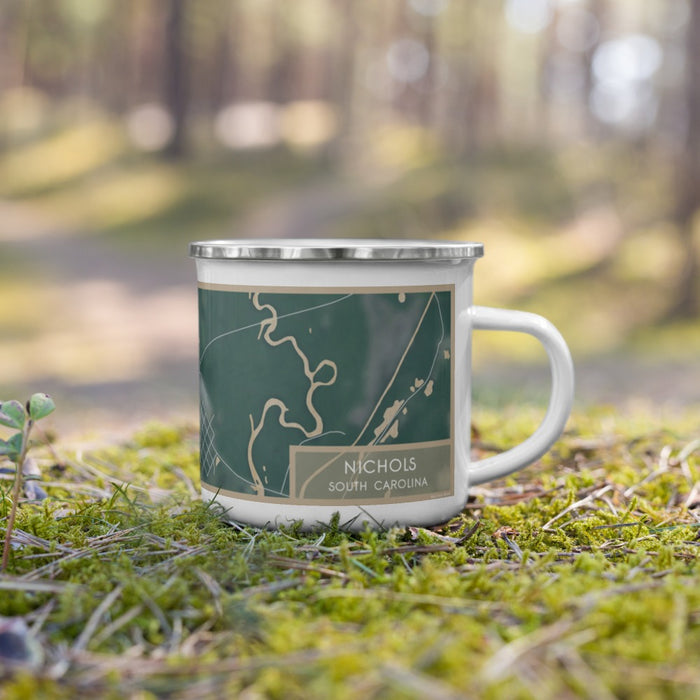 Right View Custom Nichols South Carolina Map Enamel Mug in Afternoon on Grass With Trees in Background